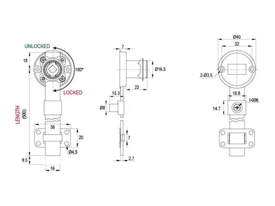CL BÚTORZÁR 702-CL2 KÖZPONTI FIÓKZÁR OLDALRA D=40mm, 500mm NIKKEL