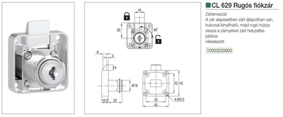 CL BÚTORZÁR 629 RUGÓS FIÓKZÁR 42x42mm, NÉGYSZÖGLETES NIKKEL