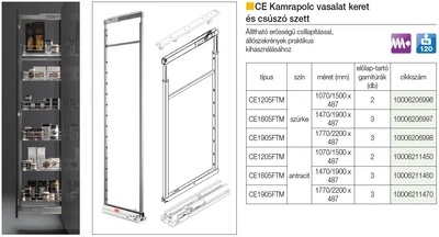 BELSŐ FÉMRÁCS CE1905 120 KG KAMRAPOLC VASALAT 1740/2200x487mm SZÜRKE