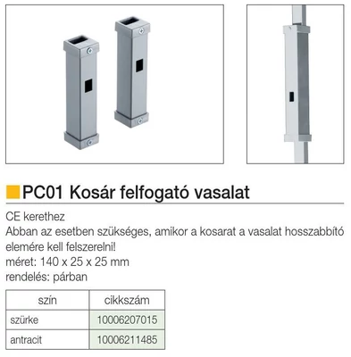 Forest BELSŐ FÉMRÁCS PC01 KOSÁR FELFOGATÓ VASALAT 125×25×25 mm SZÜRKE - 10006207015