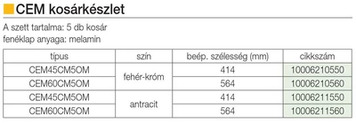 BELSŐ FÉMRÁCS CEM60CM5OMB KOSÁRKÉSZLET . KRÓM-FEHÉR
