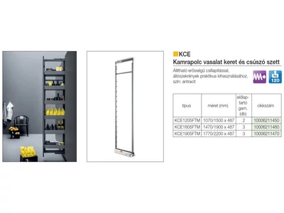 BELSŐ FÉMRÁCS KCE1605FTM 120 KG KAMRAPOLC VASALAT 1440/1900x487mm ANTRACIT