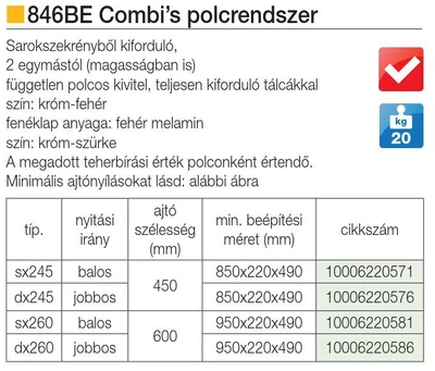 BELSŐ FÉMRÁCS 846BE/DX60CB JOBBOS 600mm KRÓM-FEHÉR