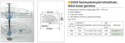 BELSŐ FÉMRÁCS 24323 FÉLKÖR KOSÁR GARNITÚRA 680x600/750 mm KRÓM
