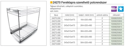 BELSŐ FÉMRÁCS 24271.400 FENÉKLAPRA SZERELHETŐ 2 RÉSZES KIHÚZHATÓ POLC 345x510x475mm KRÓM