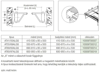 Forest GARDRÓB SZERELVÉNY AT83/97ALGS KOSÁRTARTÓ KERET 830-970x85x50 mm MATT KRÓM - 10009700019