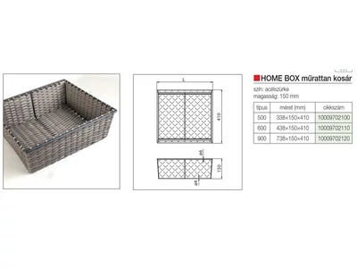 GARDRÓB SZERELVÉNY HOME BOX MŰRATTAN KOSÁR 900MM-ES, 738x150x410MM, ACÉLSZÜRKE