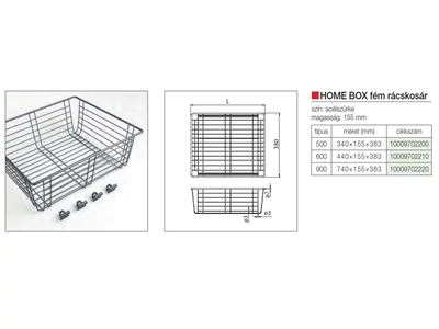GARDRÓB SZERELVÉNY HOME BOX FÉM RÁCSKOSÁR 500MM-ES, 340x155x383MM, ACÉLSZÜRKE