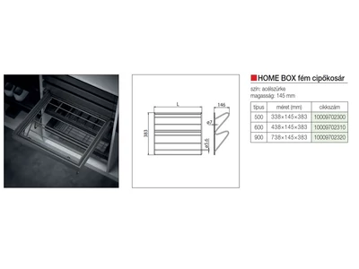 GARDRÓB SZERELVÉNY HOME BOX FÉM CIPŐKOSÁR 600MM-ES, 438x146x383MM, ACÉLSZÜRKE