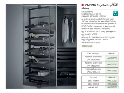GARDRÓB SZERELVÉNY HOME BOX FORGATHATÓ CIPŐTARTÓ ÁLLVÁNY POLC x10 650x319 MM, ACÉLSZÜRKE