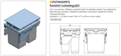 Forest HULLADÉKGYŰJTŐ PGTM402RFG (2x20l) SZELEKTÍV 400mm-es szekrényhez SZÜRKE - 10010001100