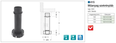 Forest MŰANYAG SZEKRÉNYLÁB 415/100 LÁB TALP NÉLKÜLI 100 mm FEKETE - 10014101361