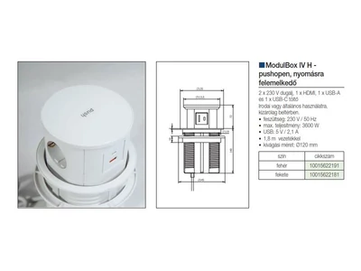 IRODABÚTOR TARTOZÉKOK KONNEKTOR ELOSZTÓ MODULBOX IVH - 2x230V + 2xUSB + 1xHDMI FEHÉR