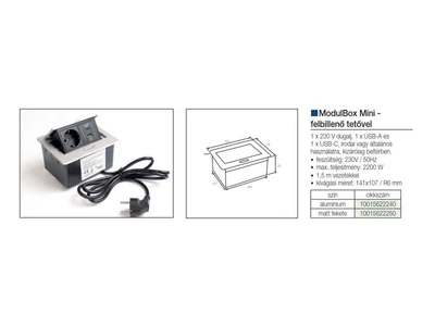 IRODABÚTOR TARTOZÉKOK KONNEKTOR ELOSZTÓ MODULBOX MINI - 1×230V + 2xUSB ALUMINIUM
