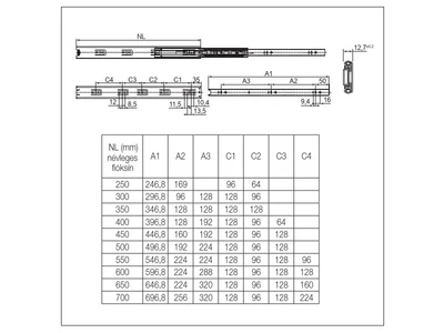 GOLYÓS FIÓKCSÚSZÓ HOME BOX HB45 X 45mm TELJESEN KIHÚZHATÓ 550mm TEHERB.:30kg ACÉL